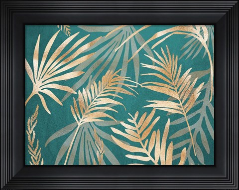 Framed Glam Leaves Teal 1 Print