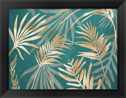 Framed Glam Leaves Teal 1 Print