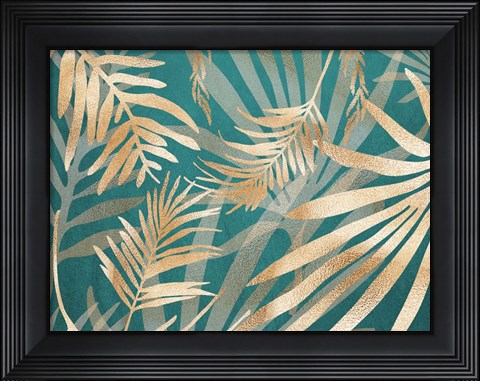 Framed Glam Leaves Teal 2 Print