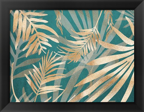 Framed Glam Leaves Teal 2 Print