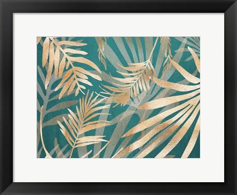 Framed Glam Leaves Teal 2 Print