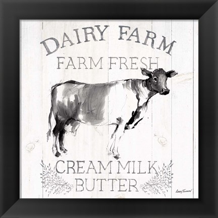 Framed Dairy Farm Wood Black Cow Sq Print