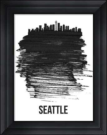 Framed Seattle Skyline Brush Stroke Black Print