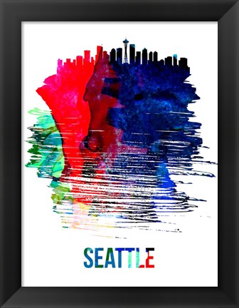 Framed Seattle Skyline Brush Stroke Watercolor Print