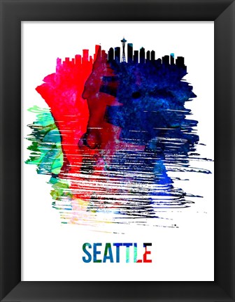 Framed Seattle Skyline Brush Stroke Watercolor Print