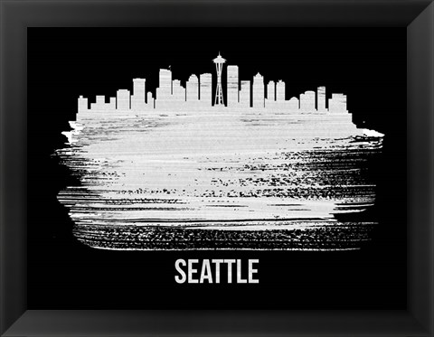Framed Seattle Skyline Brush Stroke White Print