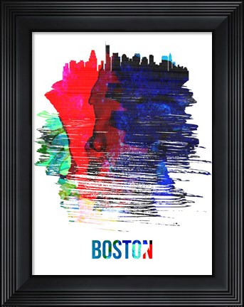 Framed Boston Skyline Brush Stroke Watercolor Print