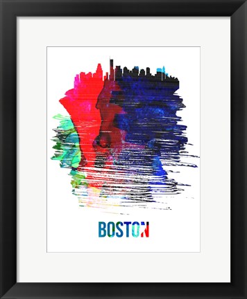 Framed Boston Skyline Brush Stroke Watercolor Print