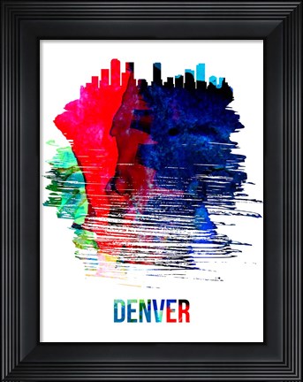 Framed Denver Skyline Brush Stroke Watercolor Print