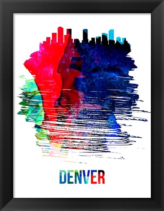 Framed Denver Skyline Brush Stroke Watercolor Print