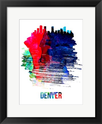 Framed Denver Skyline Brush Stroke Watercolor Print