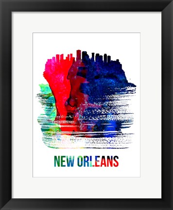 Framed New Orleans Skyline Brush Stroke Watercolor Print