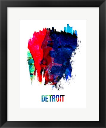 Framed Detroit Skyline Brush Stroke Watercolor Print