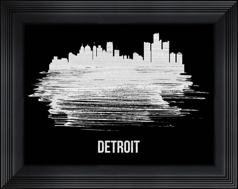 Framed Detroit Skyline Brush Stroke White Print