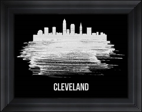 Framed Cleveland Skyline Brush Stroke White Print