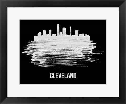 Framed Cleveland Skyline Brush Stroke White Print