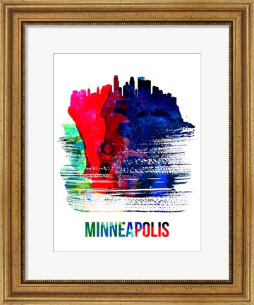 Framed Minneapolis Skyline Brush Stroke Watercolor Print