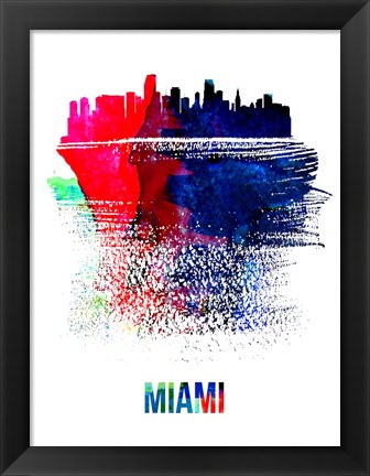 Framed Miami Skyline Brush Stroke Watercolor Print
