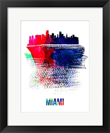 Framed Miami Skyline Brush Stroke Watercolor Print