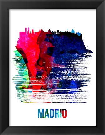 Framed Madrid Skyline Brush Stroke Watercolor Print