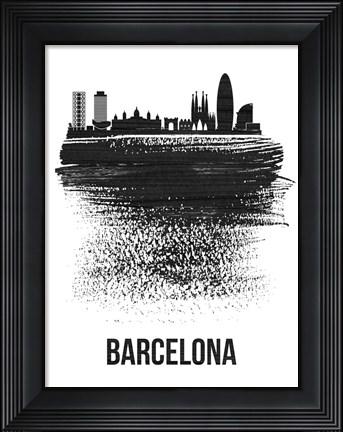 Framed Barcelona Skyline Brush Stroke Black Print