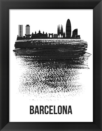 Framed Barcelona Skyline Brush Stroke Black Print