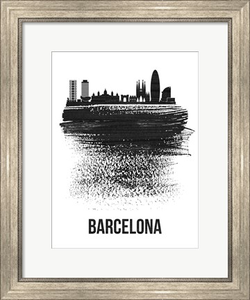 Framed Barcelona Skyline Brush Stroke Black Print