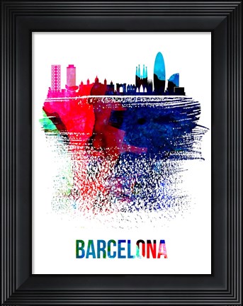 Framed Barcelona Skyline Brush Stroke Watercolor Print