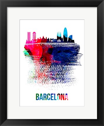 Framed Barcelona Skyline Brush Stroke Watercolor Print