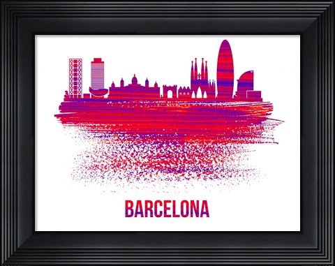 Framed Barcelona Skyline Brush Stroke Red Print