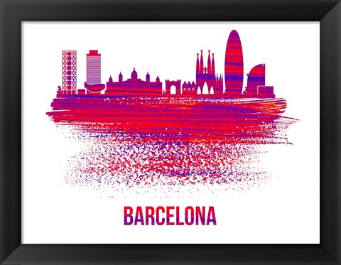 Framed Barcelona Skyline Brush Stroke Red Print