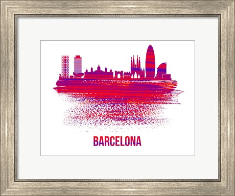 Framed Barcelona Skyline Brush Stroke Red Print