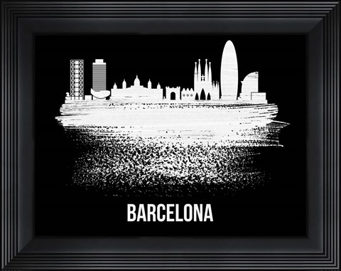 Framed Barcelona Skyline Brush Stroke White Print