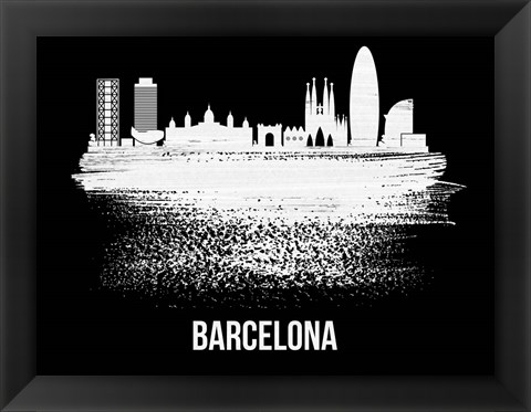 Framed Barcelona Skyline Brush Stroke White Print