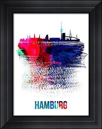 Framed Hamburg Skyline Brush Stroke Watercolor Print