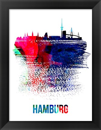 Framed Hamburg Skyline Brush Stroke Watercolor Print