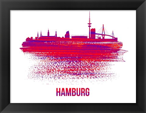 Framed Hamburg Skyline Brush Stroke Red Print