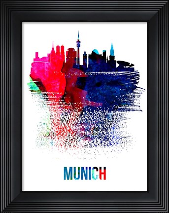 Framed Munich Skyline Brush Stroke Watercolor Print