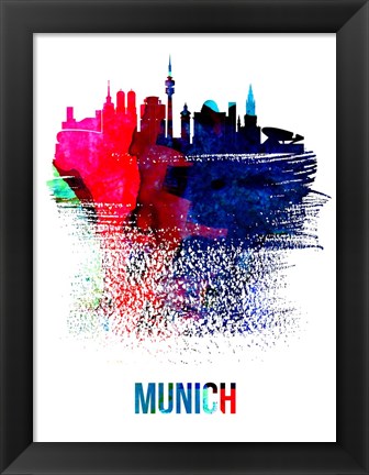 Framed Munich Skyline Brush Stroke Watercolor Print