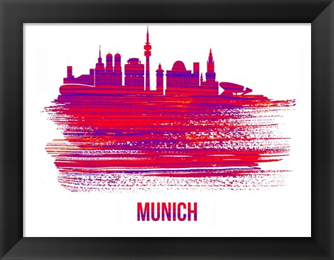 Framed Munich Skyline Brush Stroke Red Print