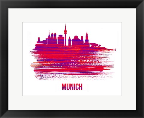 Framed Munich Skyline Brush Stroke Red Print