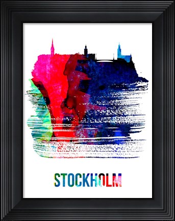 Framed Stockholm Skyline Brush Stroke Watercolor Print