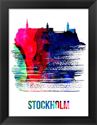 Framed Stockholm Skyline Brush Stroke Watercolor Print