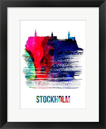 Framed Stockholm Skyline Brush Stroke Watercolor Print