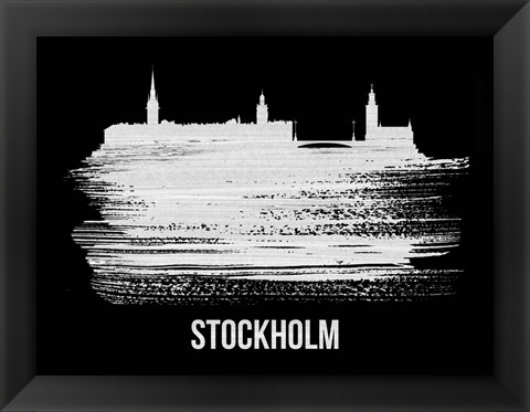 Framed Stockholm Skyline Brush Stroke White Print