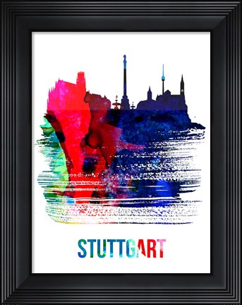 Framed Stuttgart Skyline Brush Stroke Watercolor Print