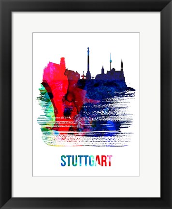 Framed Stuttgart Skyline Brush Stroke Watercolor Print