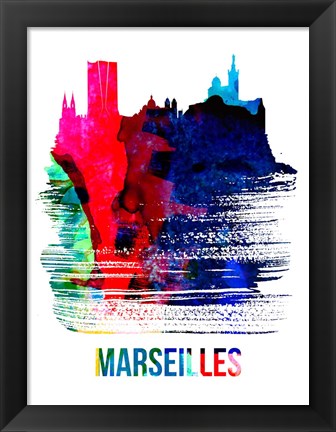 Framed Marseilles Skyline Brush Stroke Watercolor Print