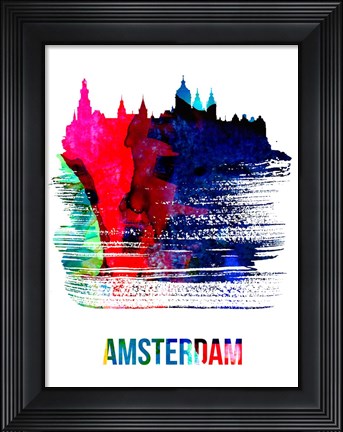 Framed Amsterdam Skyline Brush Stroke Watercolor Print