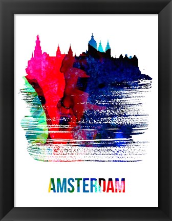 Framed Amsterdam Skyline Brush Stroke Watercolor Print